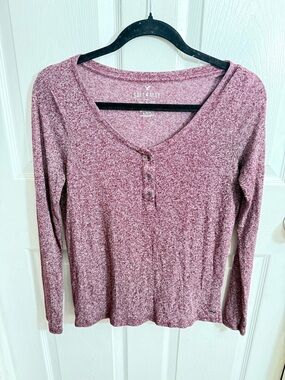 American Eagle Outfitters Marled Mauve Henley Long Sleeve Top